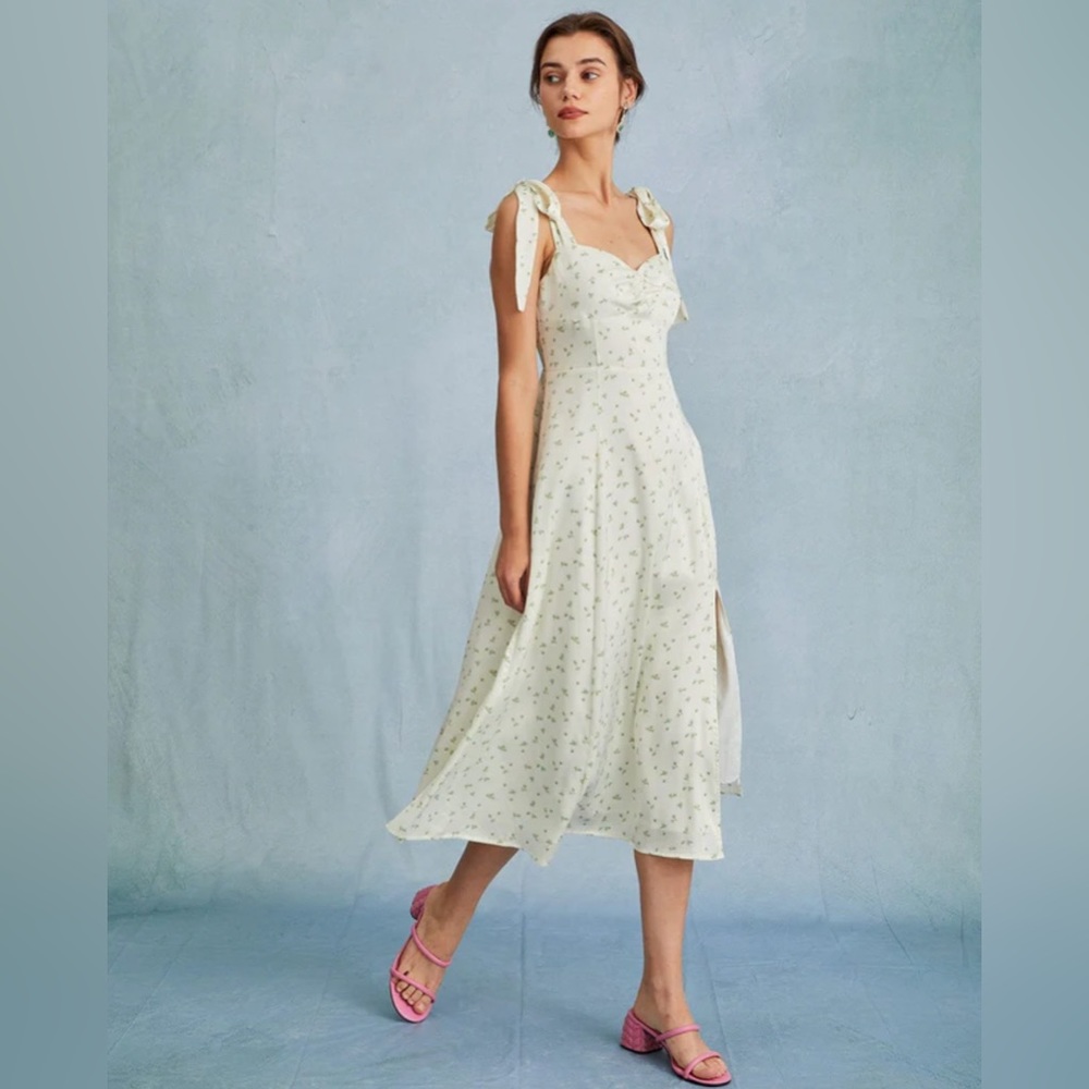 NWT RIHOAS The Light Green Satin Floral Tie Strap Slit Midi Dress - Picture 4 of 8